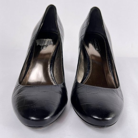 Coach Maxey Black Croc Embossed Leather Pumps Round Closed Toe Heels Size 5.5 - Picture 6 of 14